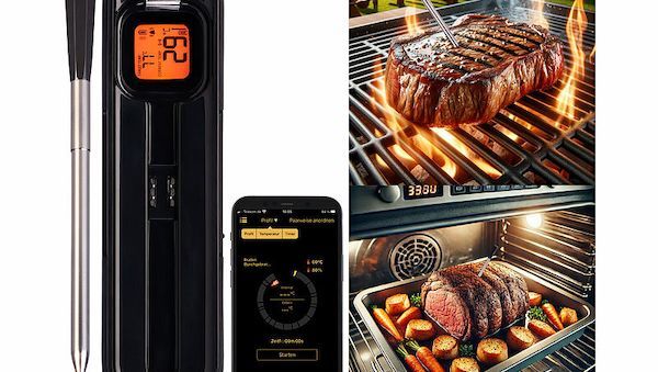 Fleisch auf den Punkt genau zubereiten: Kabelloses Grill-Thermometer von Rosenstein & Söhne